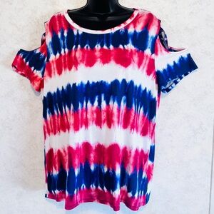 Rock & Republic Women's Top Blouse Red White Blue Open Cold Shoulder Tie Dye XXL